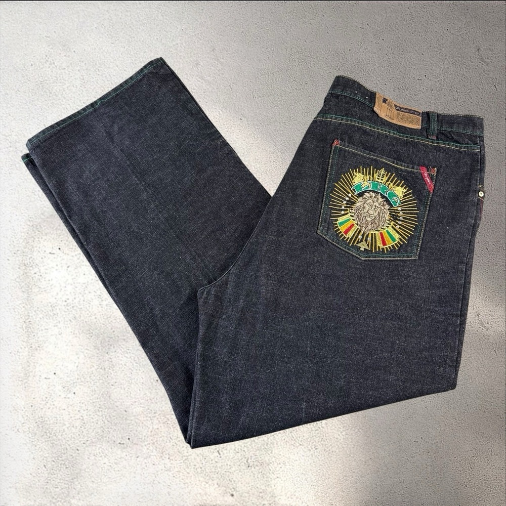 Y2K Baggy Lifted Research Group Jeans‎ 44x34 Embroidered Lion Rasta LRG Vintage